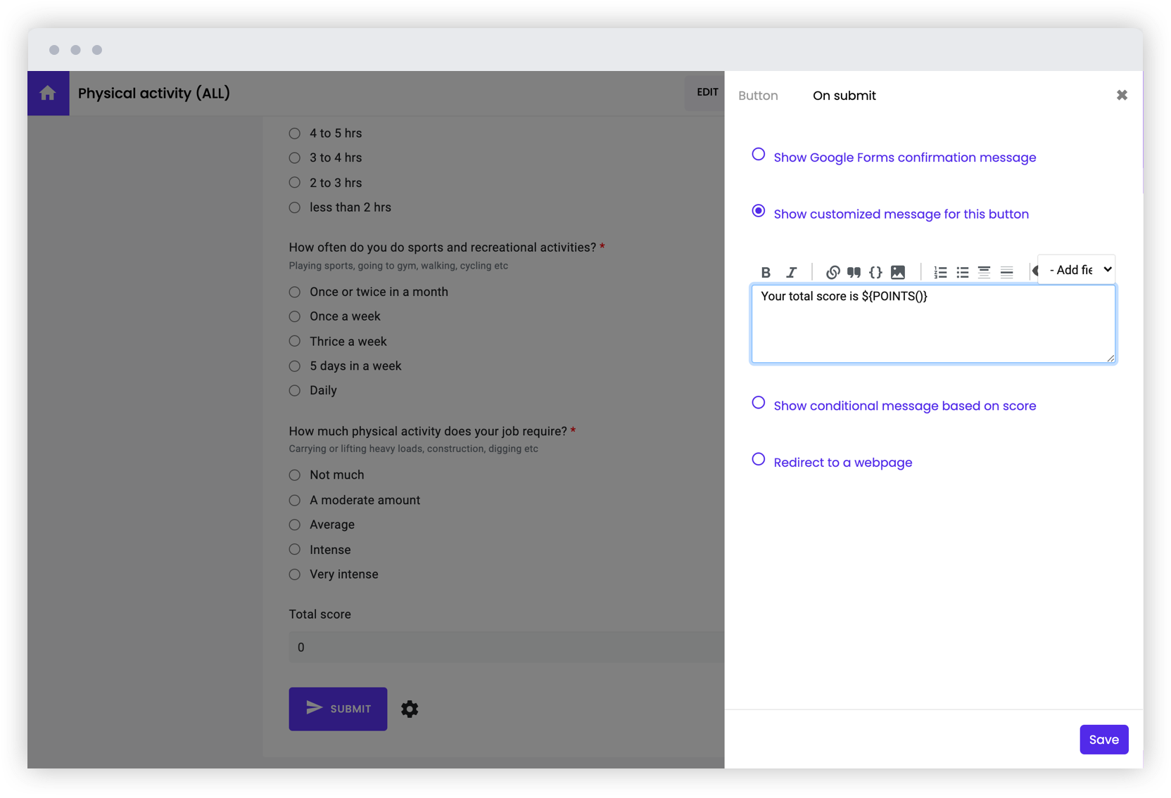 Customize the confirmation message. Specify correct answers, give feedback for correct and incorrect responses